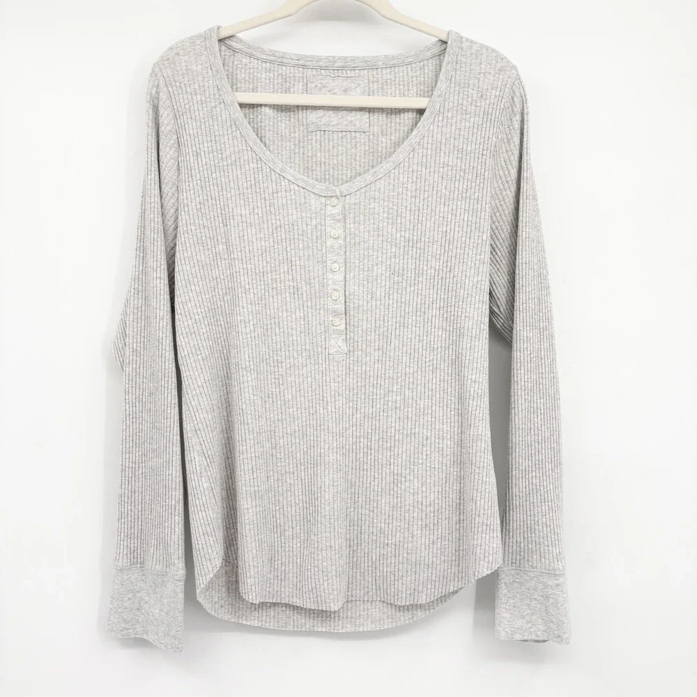 Aerie‎ Womens Gray Ribbed Henley Long Sleeve Casual Loungewear Layering Top XXL